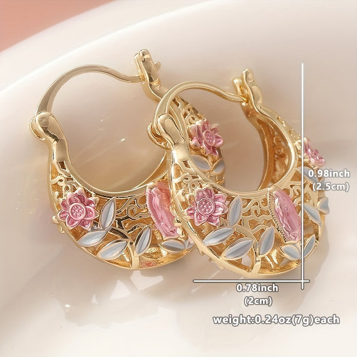 Vintage Boho Pink Floral Gold Plated Hoop Earrings