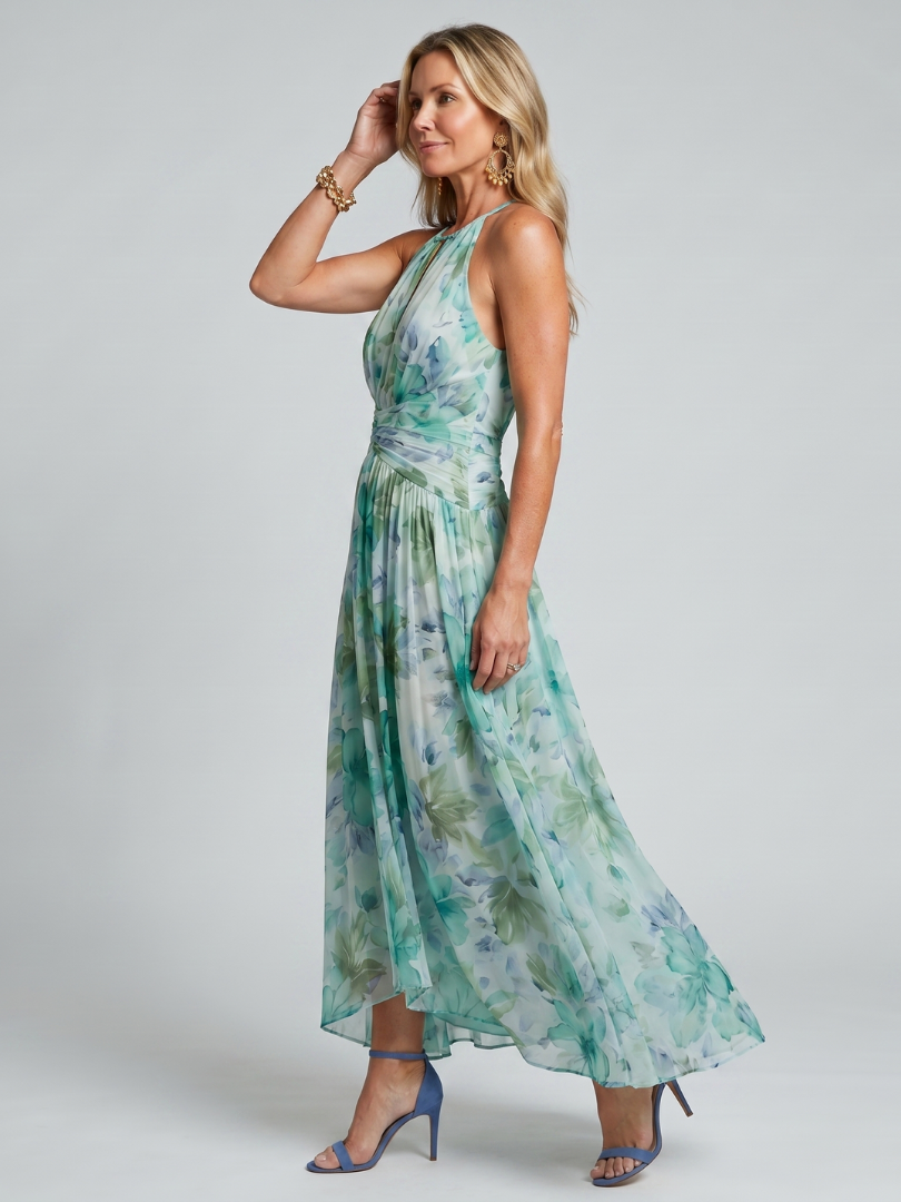 Portia | Vestido Midi Plissado Halter com Estampa Floral Suave