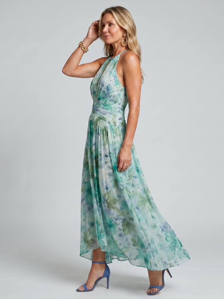 Portia | Vestido Midi Plissado Halter com Estampa Floral Suave