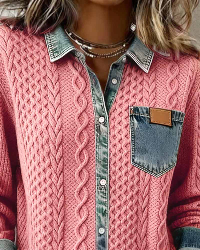 Camisa de Manga Longa com Patchwork em Denim