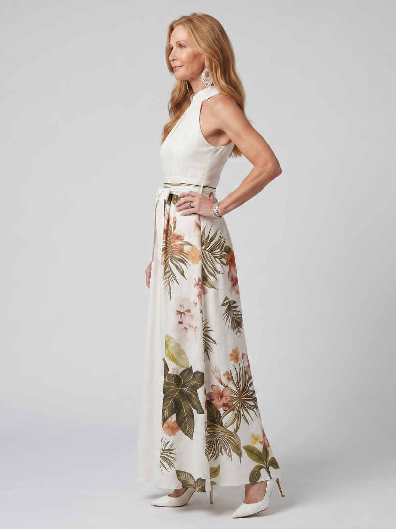 Meadow | Vestido maxi drapeado com decote halter e painel botânico