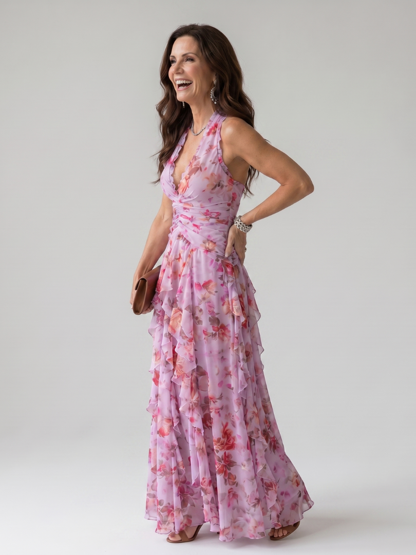 Nori | Vestido maxi con cuello halter, corpiño fruncido y estampado floral