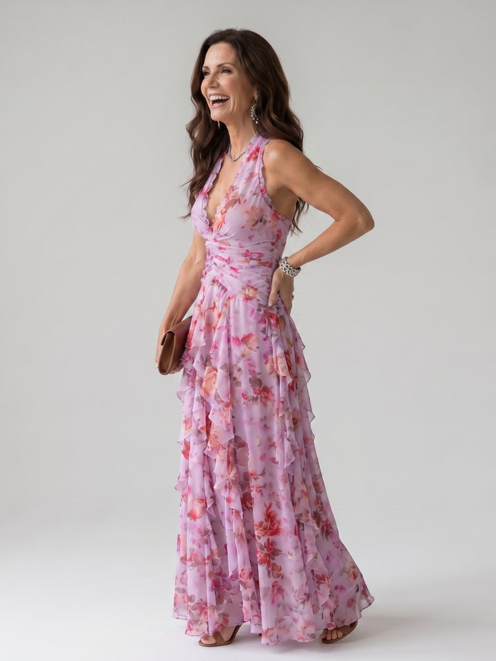 Nori | Vestido maxi con cuello halter, corpiño fruncido y estampado floral