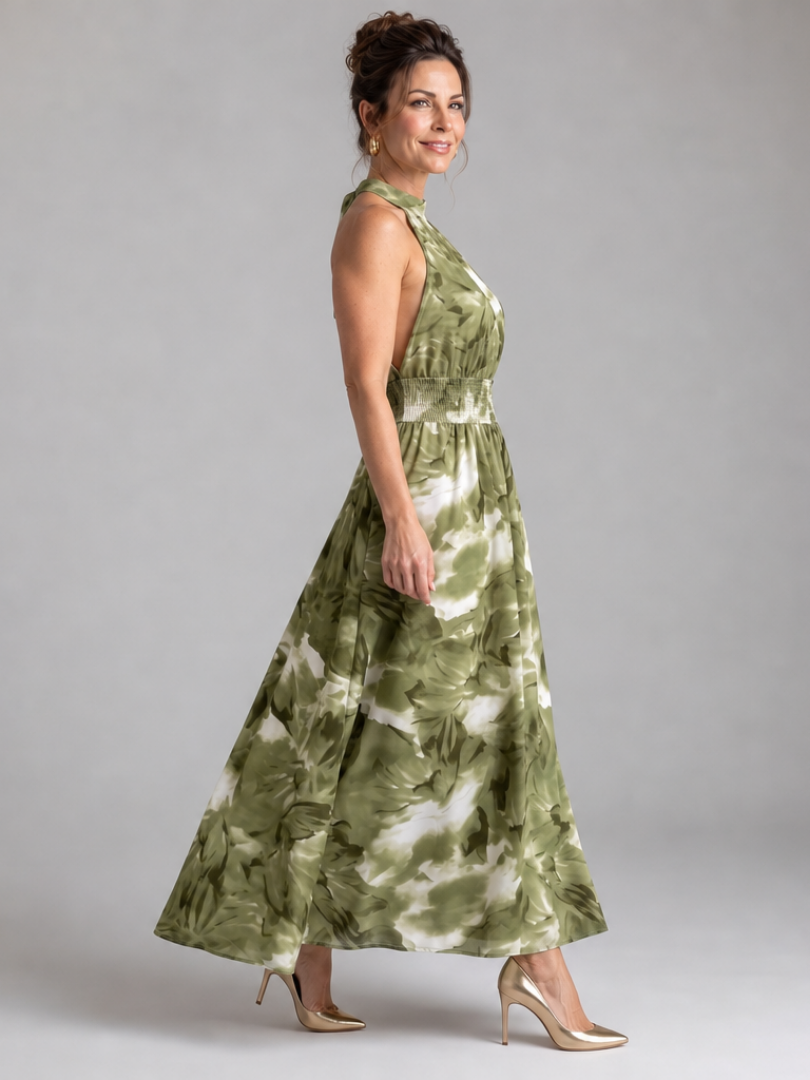 Olivia | Vestido Midi com Cintura Franzida e Estampa Abstrata
