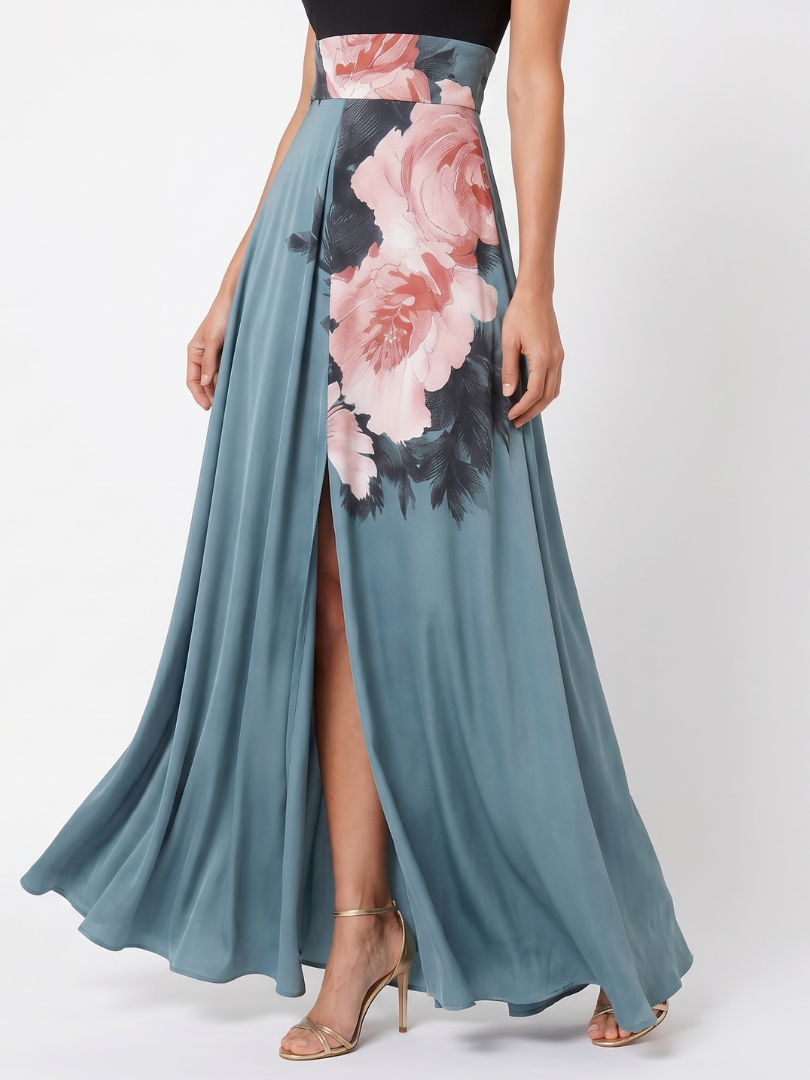 Olympas | Vestido maxi con corpiño halter y falda floral