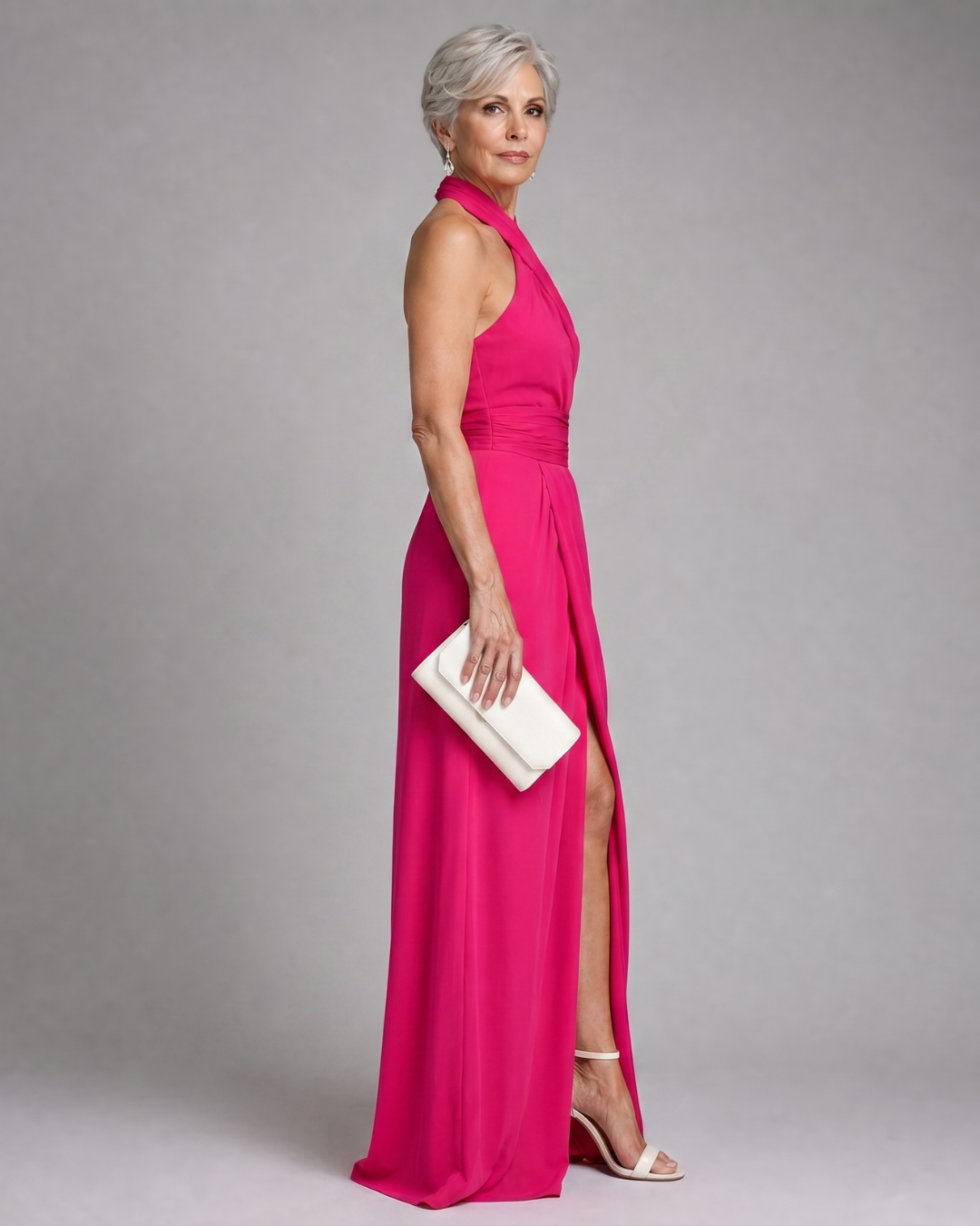 Vaelora | Vestido midi con abertura lateral y cuello halter cruzado drapeado