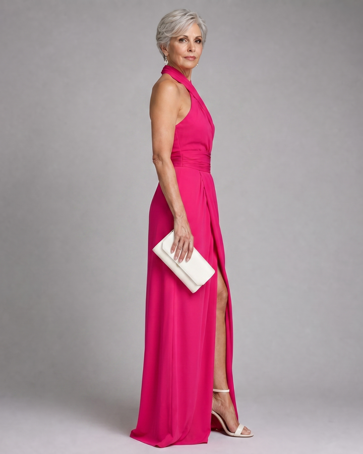 Vaelora | Vestido midi con abertura lateral y cuello halter cruzado drapeado