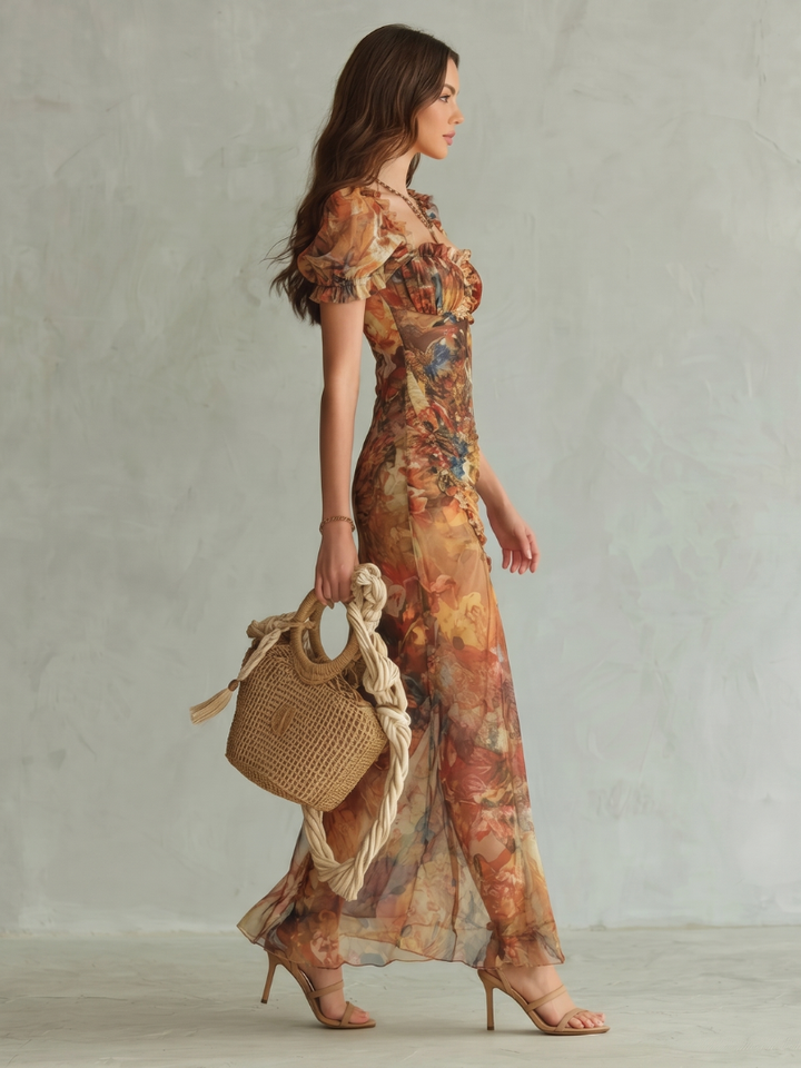 Ciel | Vestido midi con manga con volantes, fruncido y abertura