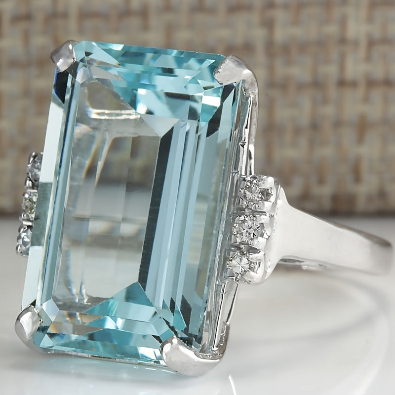 Anel elegante clássico com pedra preciosa azul-marinho quadrada, com 4 garras