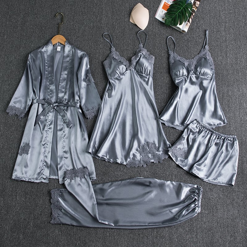 Rebecca | Conjunto de ropa de dormir de 5 piezas de seda con encaje