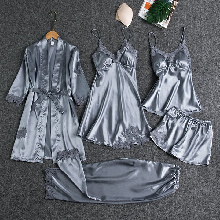 Rebecca | Conjunto de ropa de dormir de 5 piezas de seda con encaje
