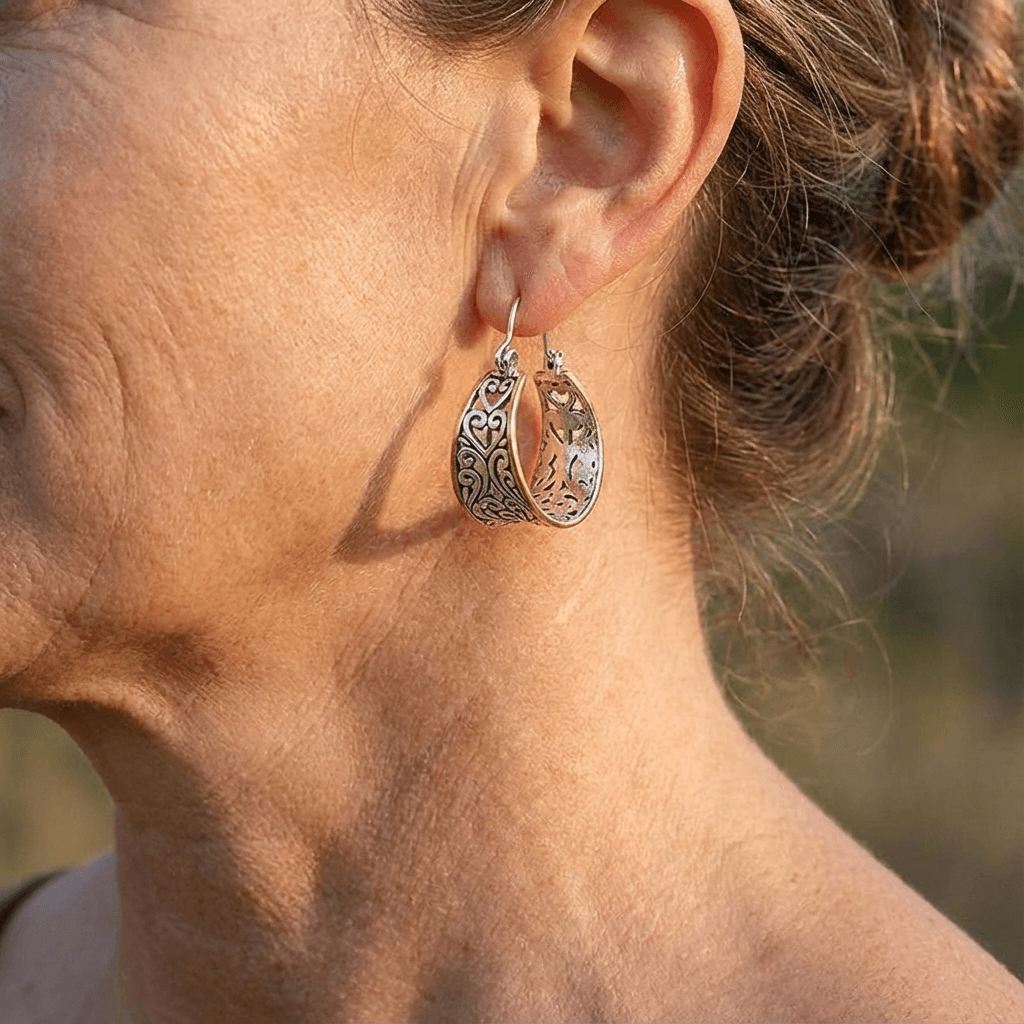 Vintage Two-Tone Hand Carved Bohemian Hoop Earrings