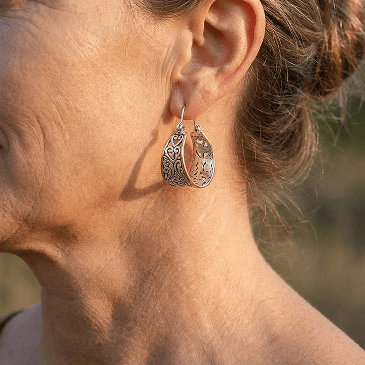 Vintage Two-Tone Hand Carved Bohemian Hoop Earrings