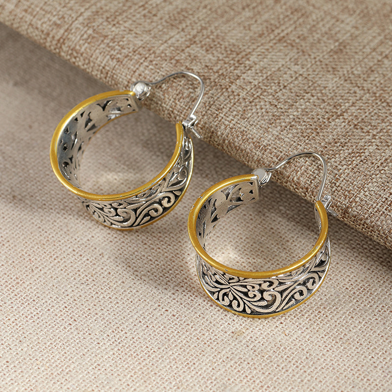 Vintage Two-Tone Hand Carved Bohemian Hoop Earrings