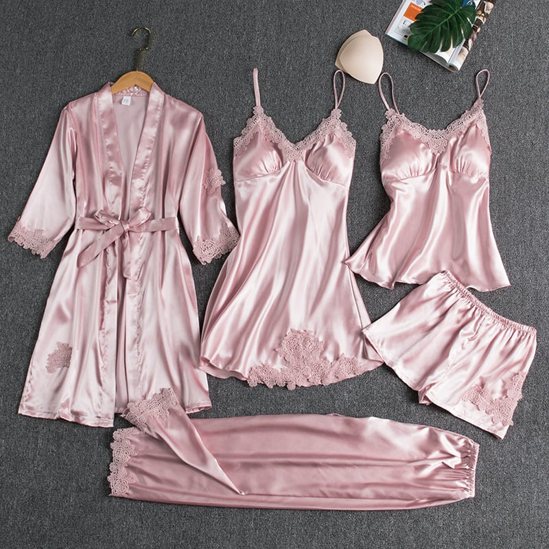 Rebecca | Conjunto de ropa de dormir de 5 piezas de seda con encaje
