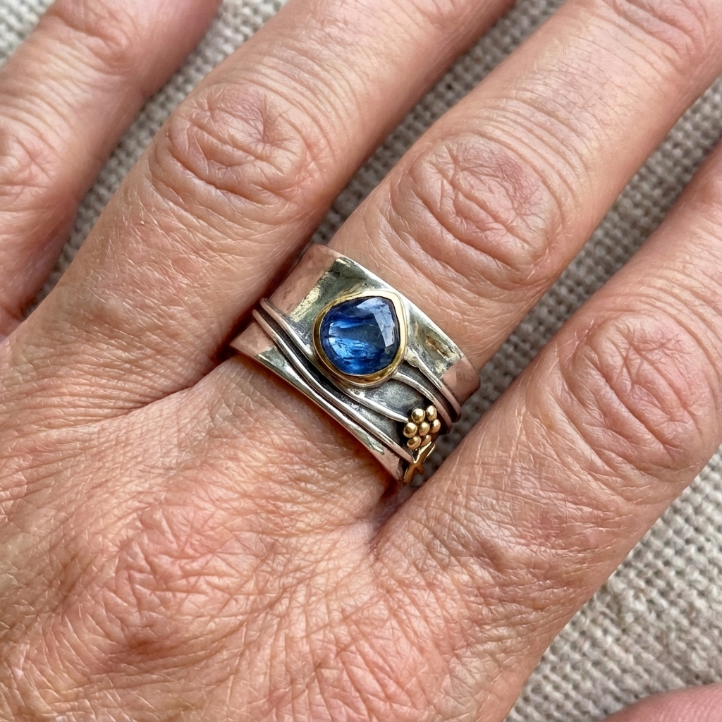 Anillo de banda ancha de plata y oro con piedra azul