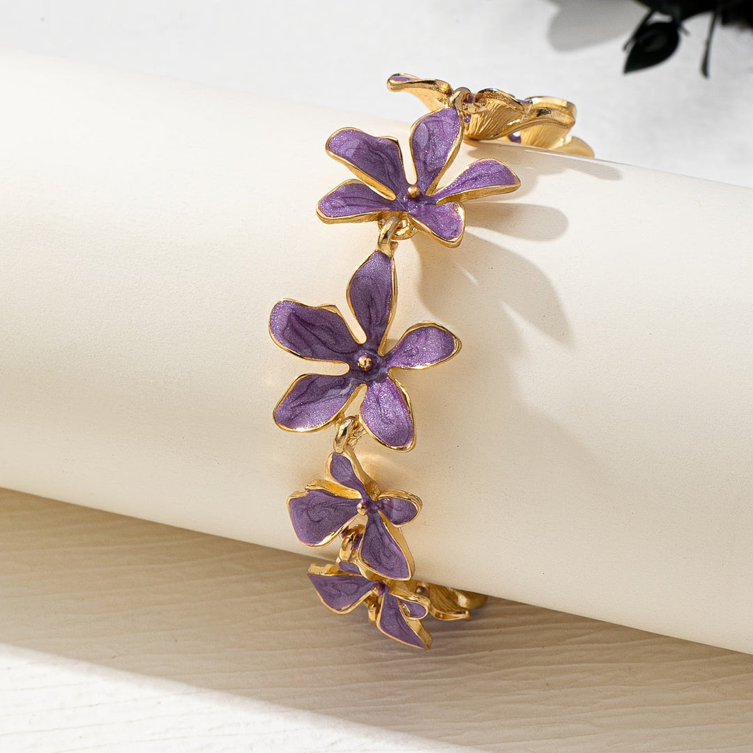 Vintage Style Purple Enamel Flowers Gold Plated Bracelet