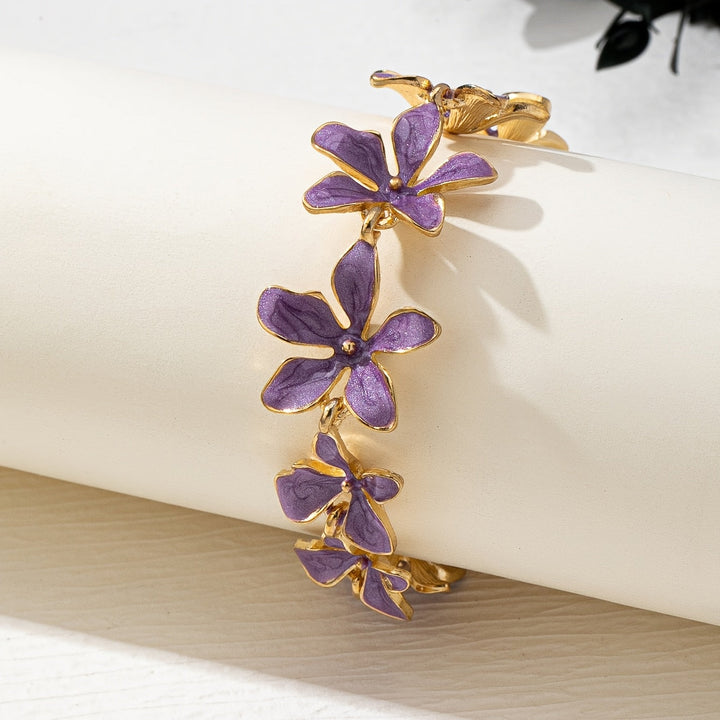 Vintage Style Purple Enamel Flowers Gold Plated Bracelet