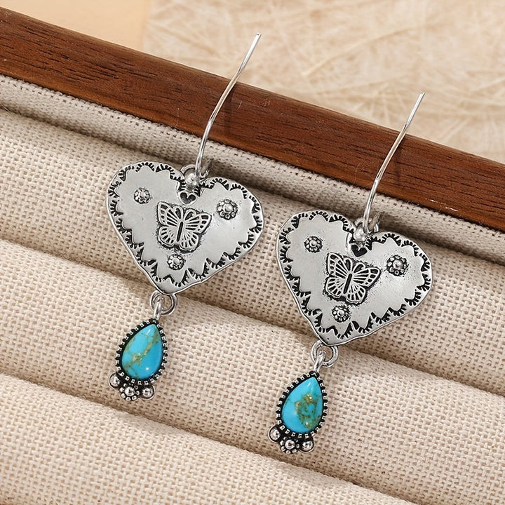 Handcrafted Silver Boho Turquoise Heart Butterfly Earrings