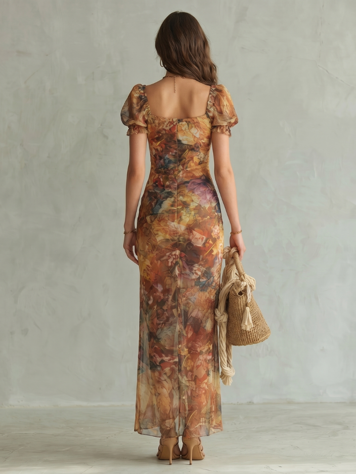 Ciel | Vestido midi con manga con volantes, fruncido y abertura