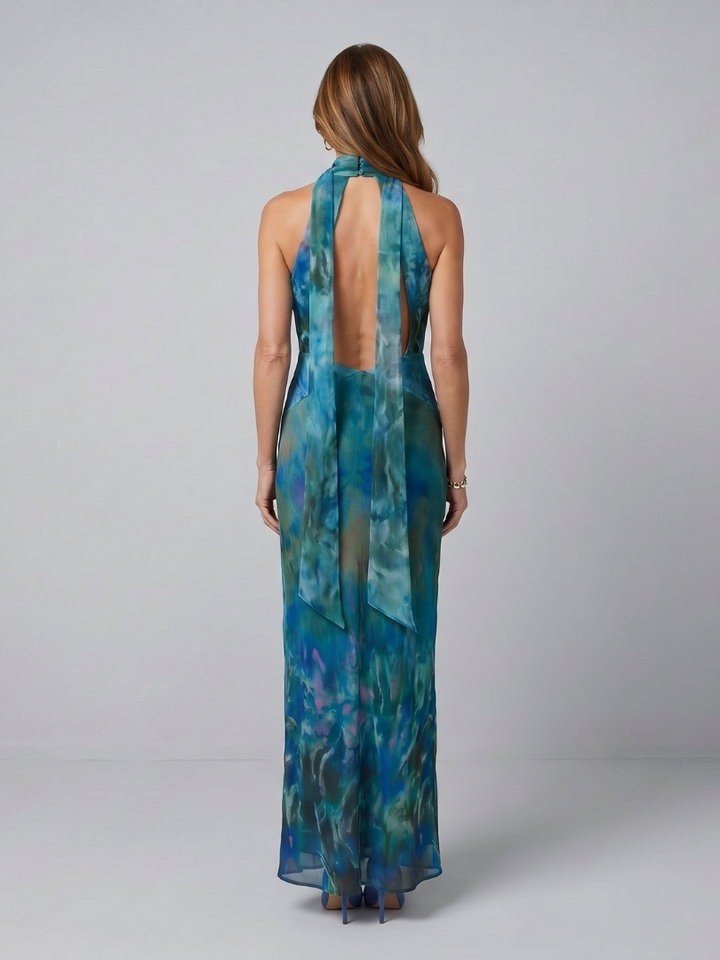 Juniper | Vestido maxi sin mangas con halter y abertura en la espalda