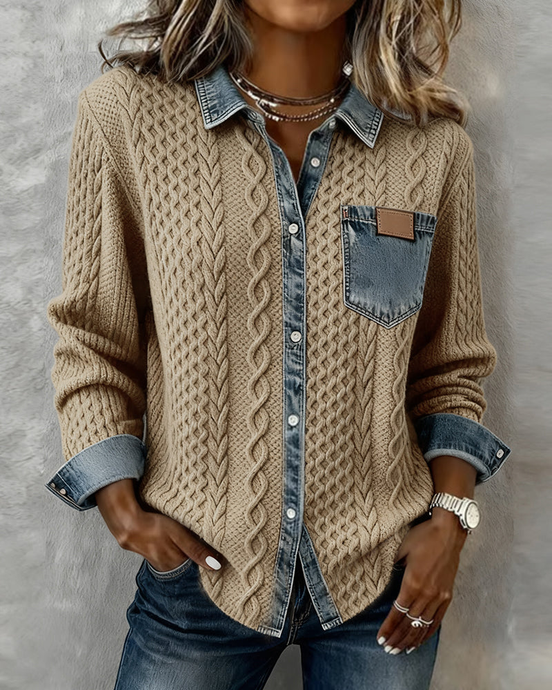 Camisa de Manga Longa com Patchwork em Denim