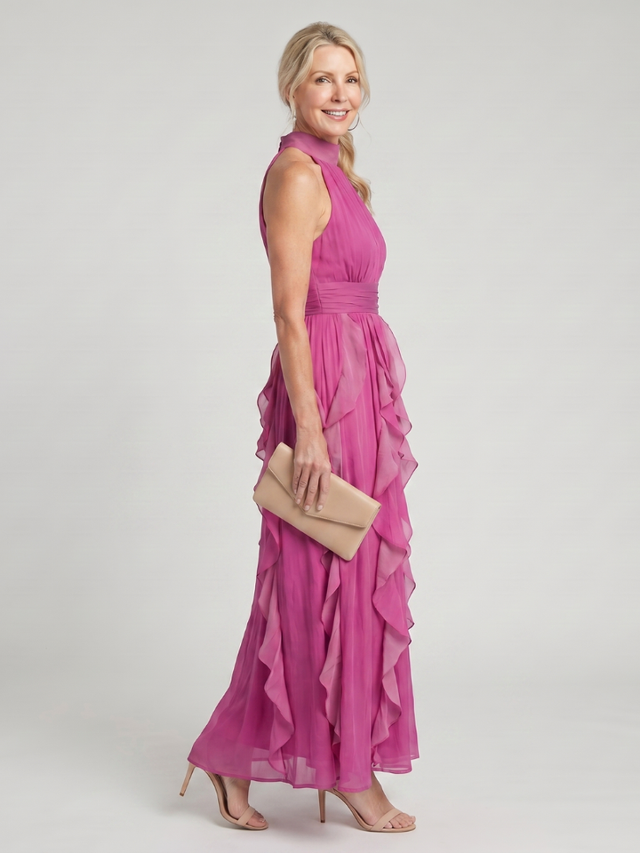 Orea | Vestido maxi con cuello alto, volantes fruncidos y capas