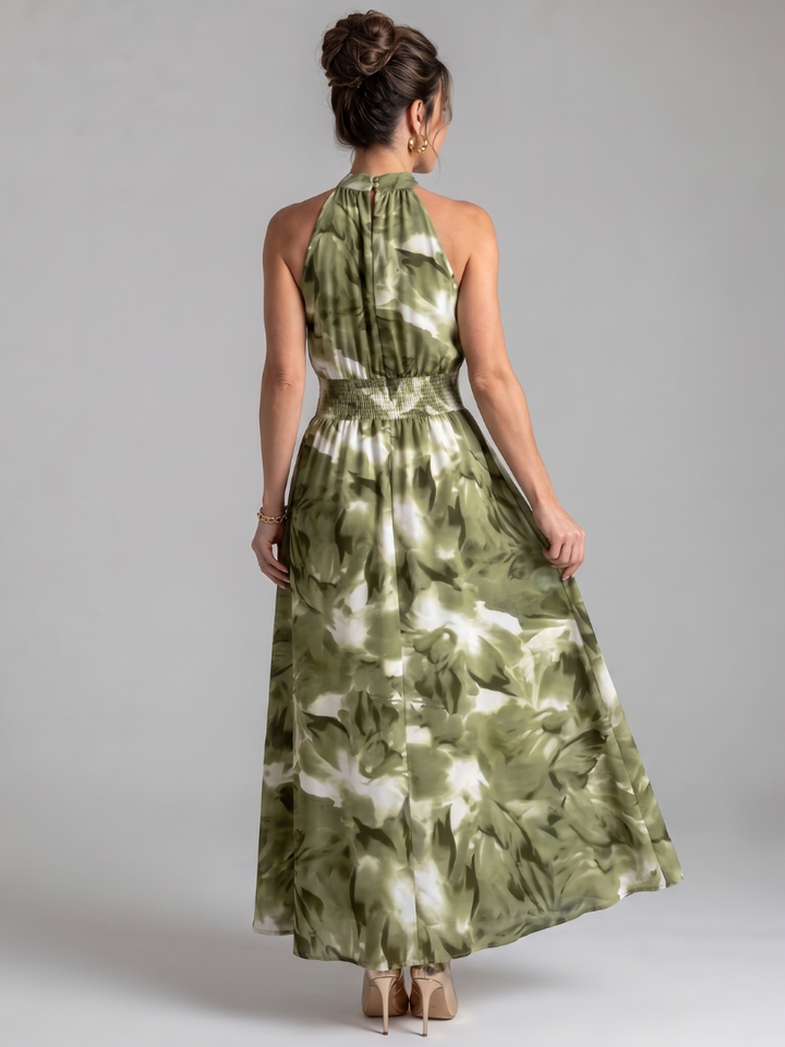 Olivia | Vestido Midi com Cintura Franzida e Estampa Abstrata