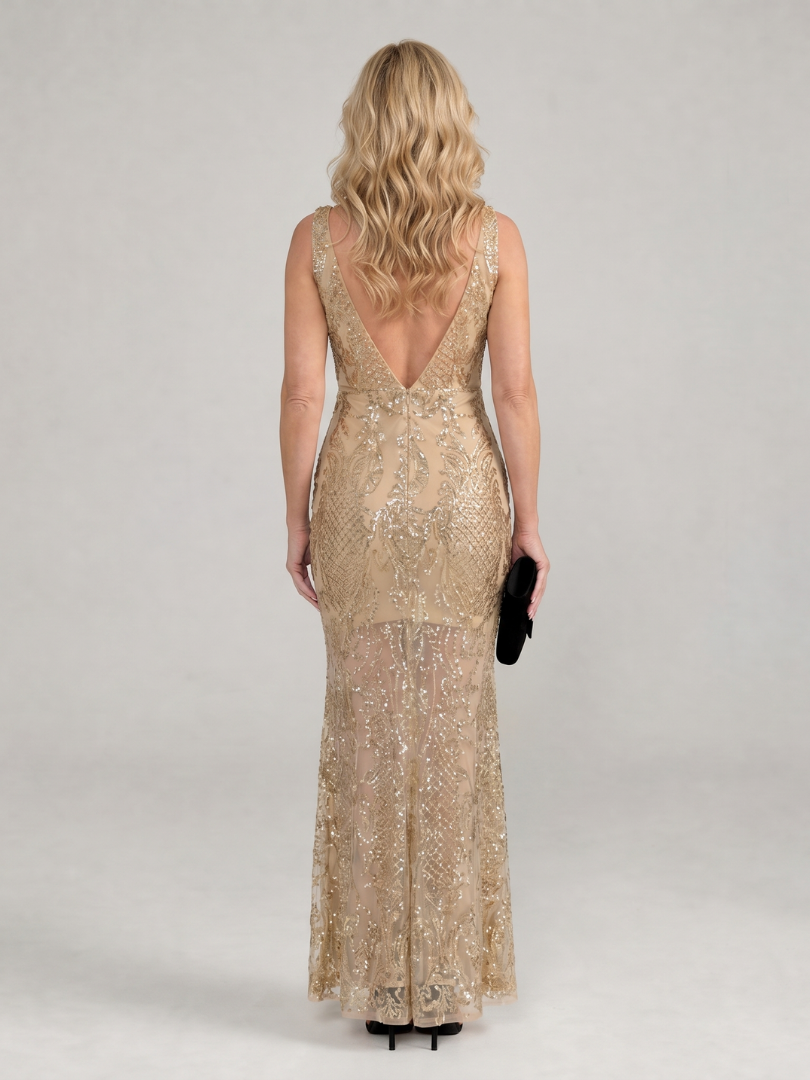 Sirea | Vestido midi sin mangas con panel transparente y lentejuelas