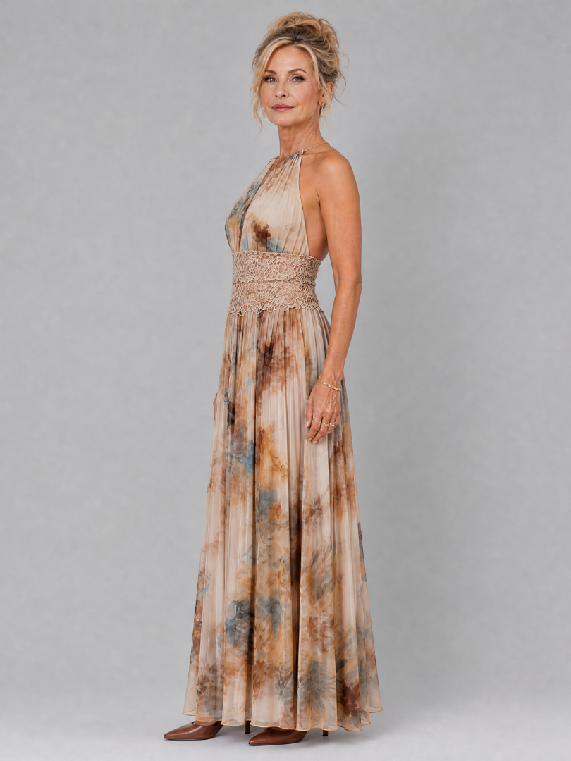 Elavenue | Vestido maxi de renda com decote halter e cintura marcada