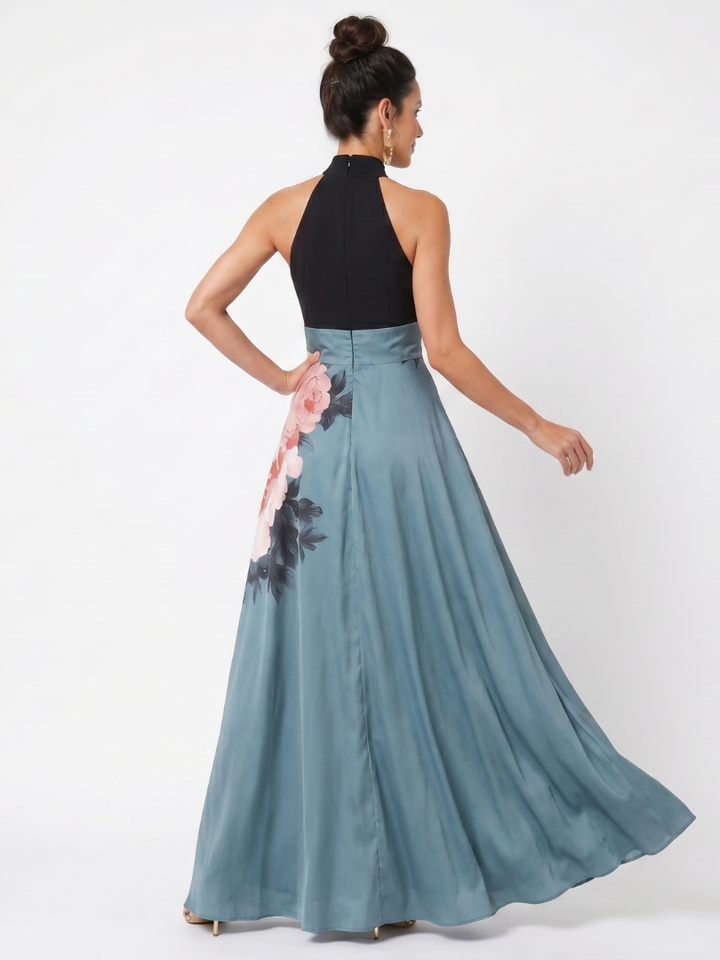 Olympas | Vestido maxi con corpiño halter y falda floral
