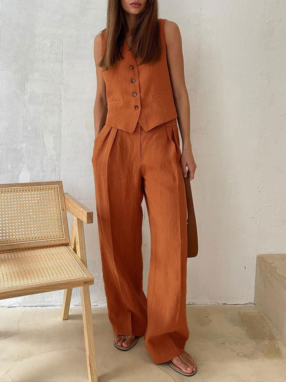 Conjunto de calça pantalona plissada com decote em V Lila