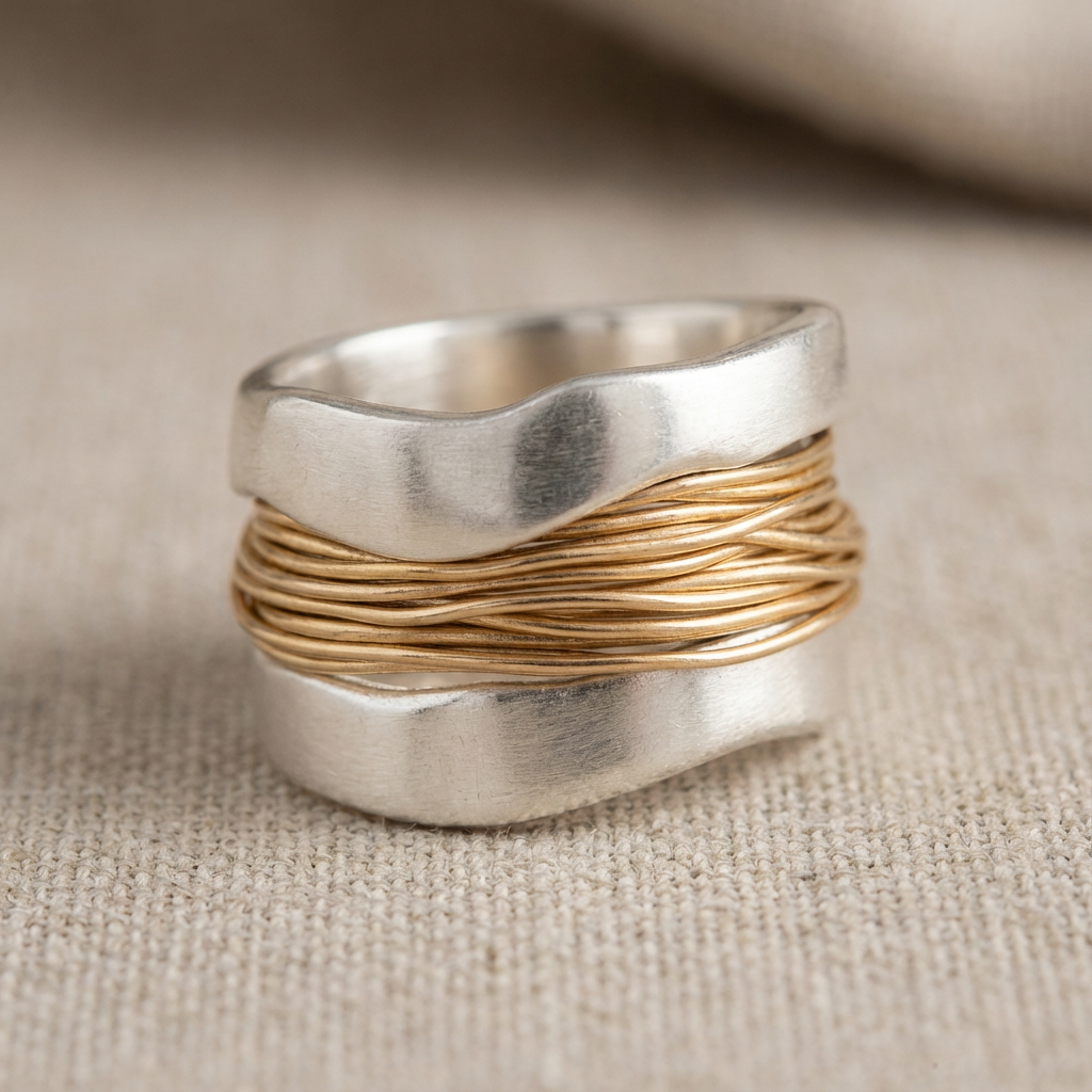 Anillo de hilos dorados plateados