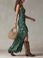 Sara | Vestido largo de estilo bohemio retro con mangas abullonadas y abertura alta