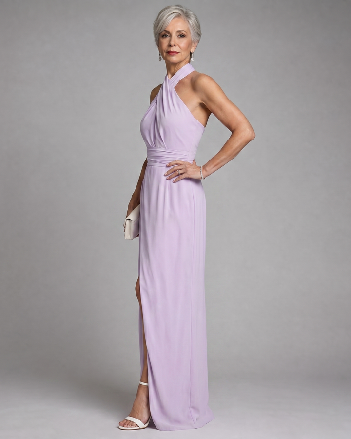 Vaelora | Vestido midi con abertura lateral y cuello halter cruzado drapeado