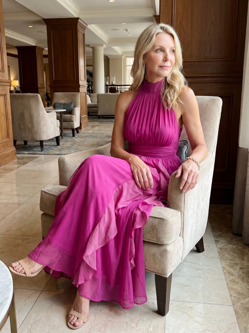 Orea | Vestido maxi con cuello alto, volantes fruncidos y capas