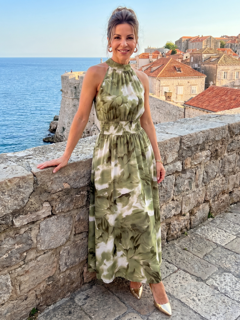Olivia | Vestido Midi com Cintura Franzida e Estampa Abstrata