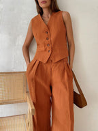 Conjunto de calça pantalona plissada com decote em V Lila