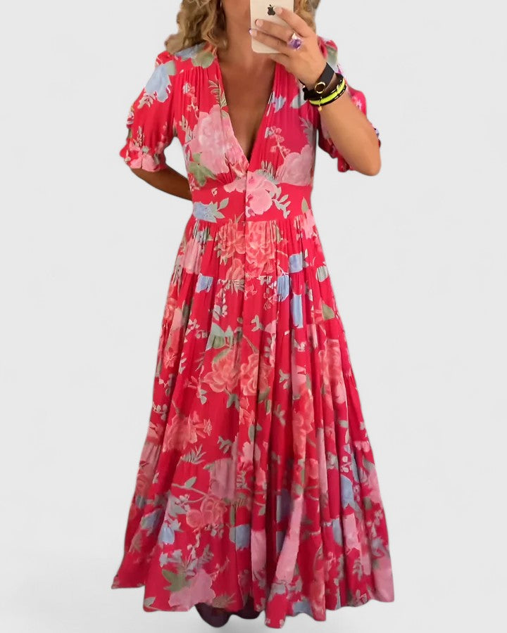 Minelda | Vestido Elegante com Decote em V e Estampa Floral