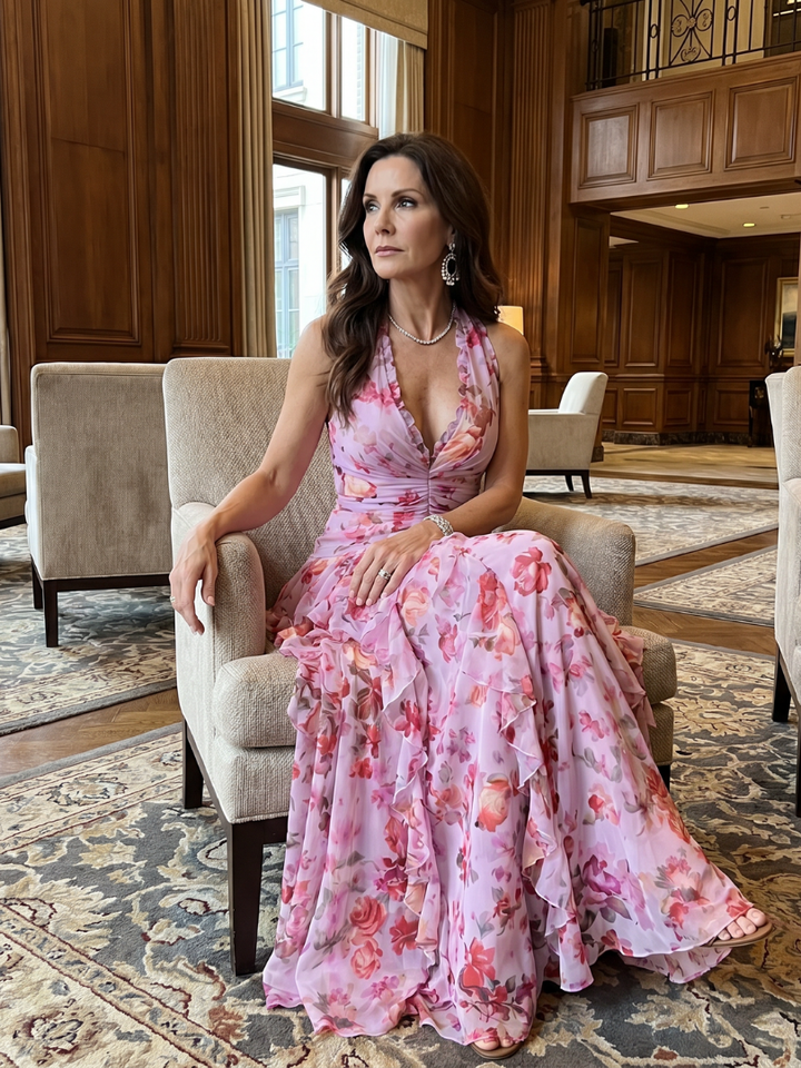 Nori | Vestido maxi con cuello halter, corpiño fruncido y estampado floral