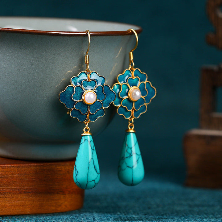 Elegant Vintage Turquoise Floral Design & Pearl Drop Earrings