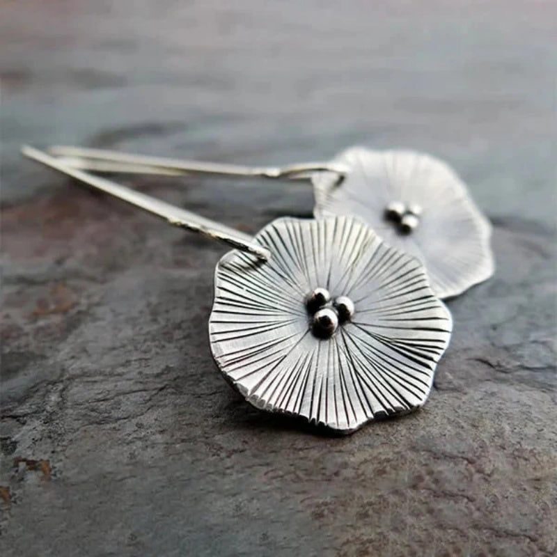 Handcrafted Textured Silver Flower Drop Earrings