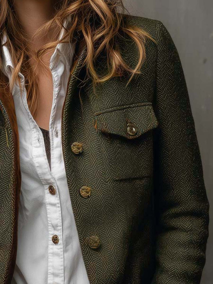Magdalene - Women’s Vintage Herringbone Contrast Trim Blazer