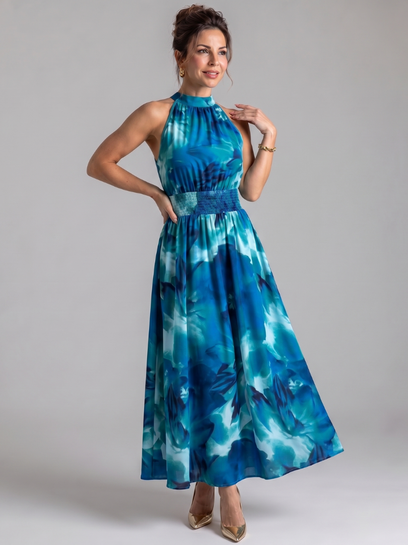 Olivia | Vestido Midi com Cintura Franzida e Estampa Abstrata