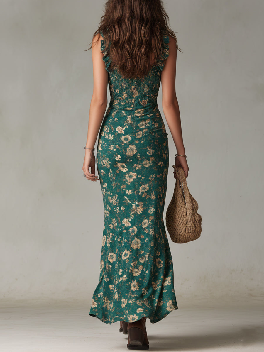 Sara | Vestido largo de estilo bohemio retro con mangas abullonadas y abertura alta