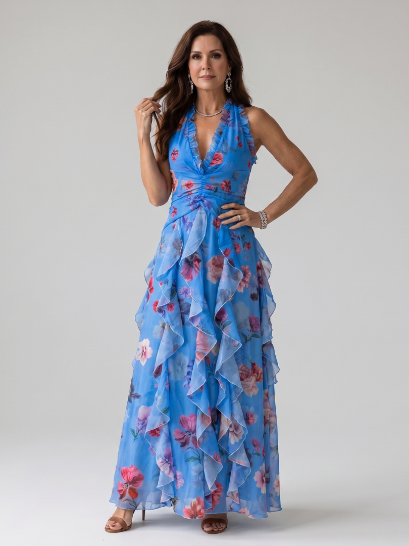 Nori | Vestido maxi con cuello halter, corpiño fruncido y estampado floral