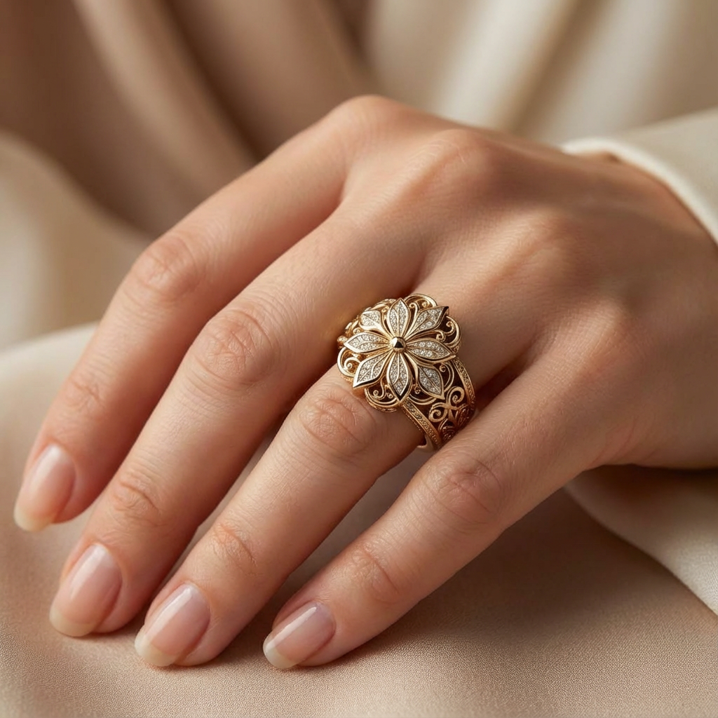 Anel dourado com zircónias e flores exóticas