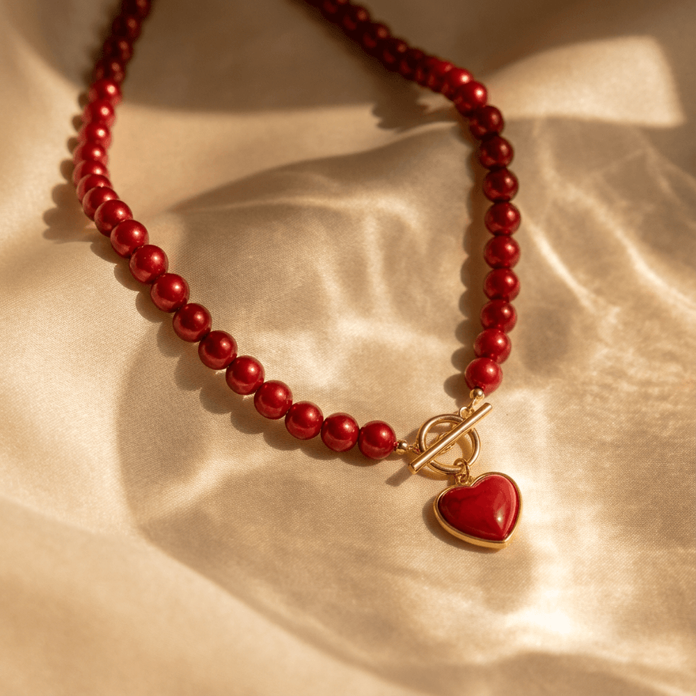 Elegant Acrylic Red Heart Necklace & Bracelet Set