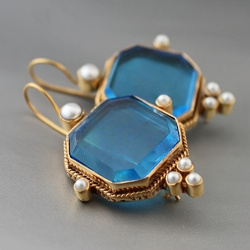 Vintage Blue Glass Accents Fleur De Lis Dangle Earrings