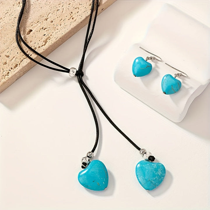 Vintage Bohemian Style Turquoise Heart Necklace and Earring Set